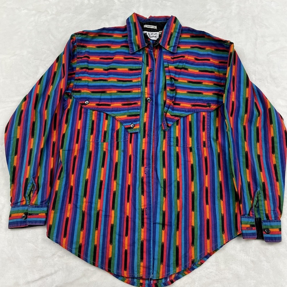 Adobe Rose Western Shirt Womens Small Rainbow Ikat Stripe Vintage 1992 Cotton